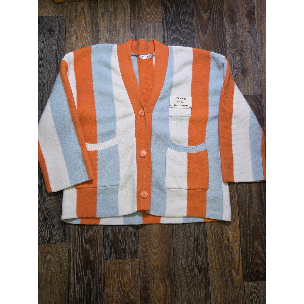 JASCLS Women Orange Blue White Striped Knit Cardigan Sweater Season 12 Patch